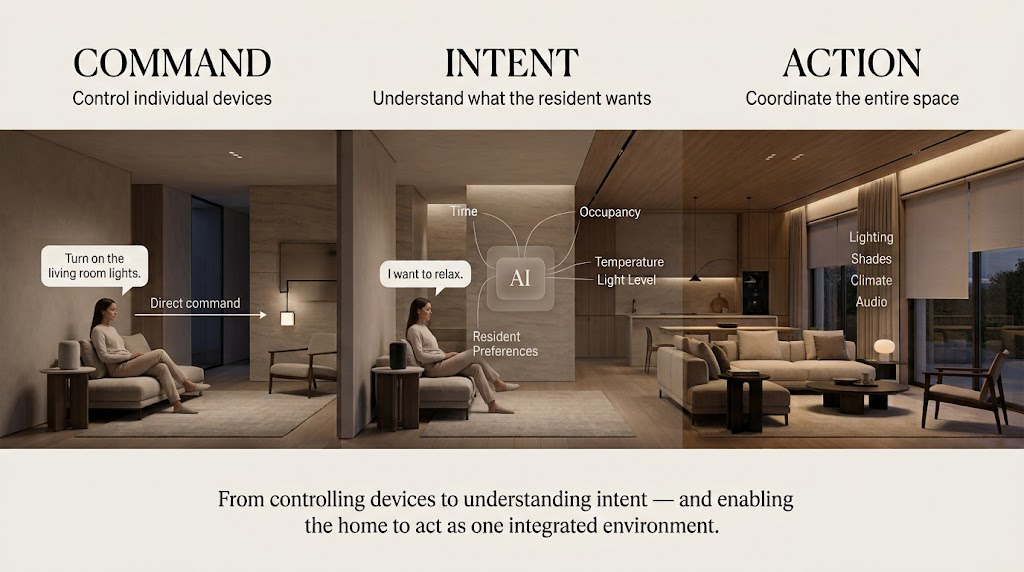 AIスマートホームが命令型から意図理解型、住宅全体の行動型へ進化する概念図