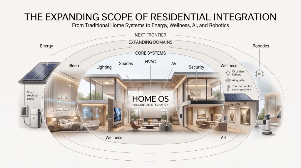住宅インテグレーションの対象領域がAIやロボティクスまで拡大する概念図