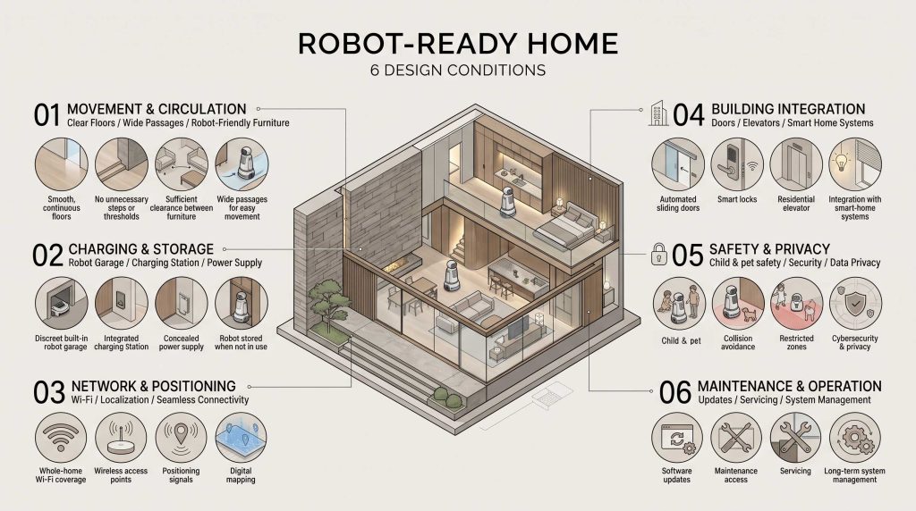 Robot-ready Homeに必要な6つの設計条件を住宅断面図で示したインフォグラフィック