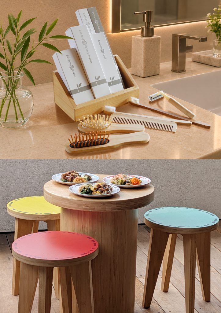 竹製ホテルアメニティと開発中の竹家具を展示するTAKE TORI HOUSE