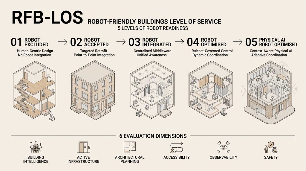 RFB-LOSの5段階と6つの評価軸を示したRobot-Friendly Buildingsの概念図