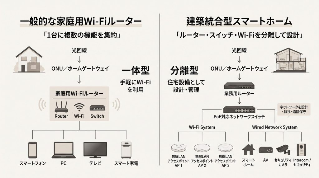 家庭用Wi-Fiルーターと建築統合型スマートホームの業務用ルーター・PoEスイッチ・無線LANアクセスポイントのネットワーク構成比較図