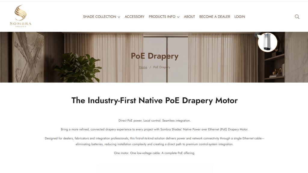 Sombra Shadesが発表したEthernet一本で接続するNative PoE Drapery Motor