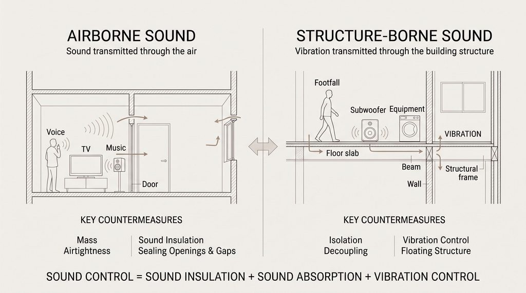 空気伝播音と固体伝播音の違いと住宅における防音対策を示した図