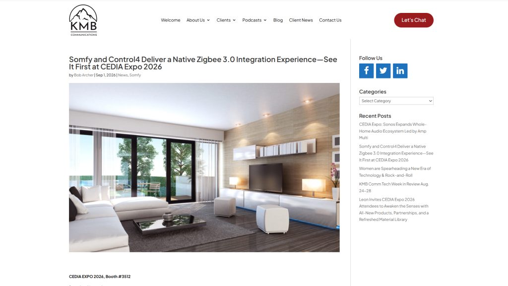 SomfyとControl4によるZigbee 3.0電動シェードのネイティブ統合を紹介する発表ページ
