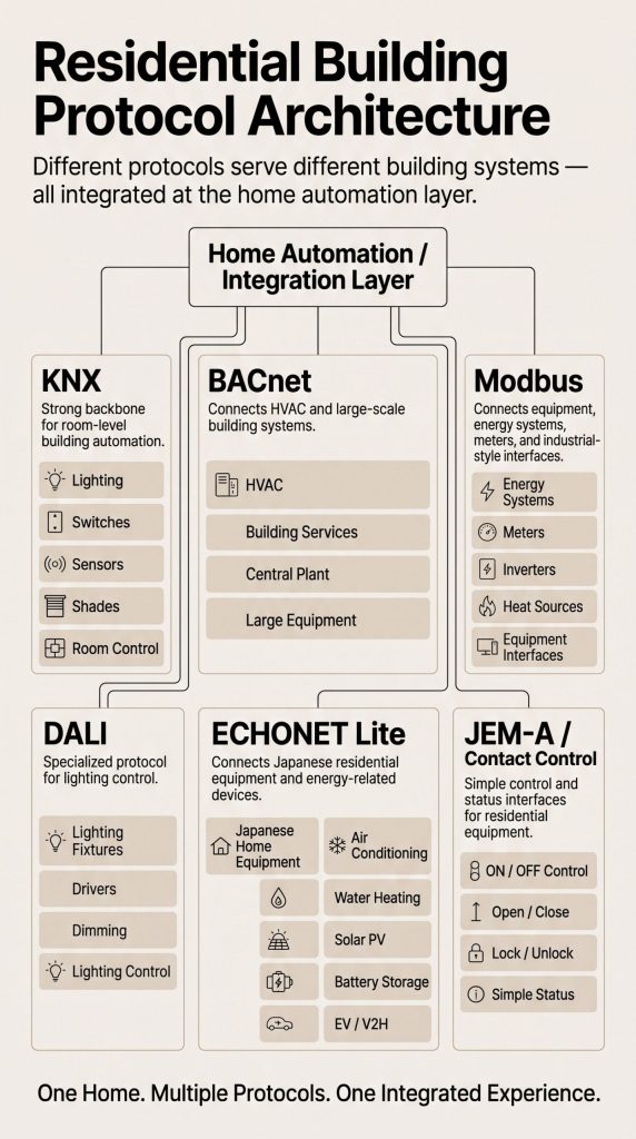 KNX、BACnet、Modbus、DALI、ECHONET Lite、JEM-Aの役割を示した住宅プロトコル構成図