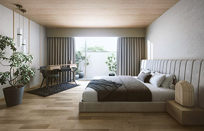木質内装と自然光を取り入れた住友林業「PRIME SLEEP」の寝室空間