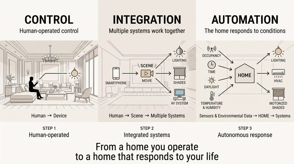 スマートホームの操作・連携・自動化の3段階を示した図