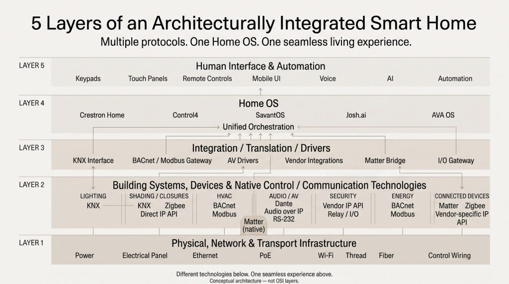 建築統合型スマートホームを5つのレイヤーで示した構成図