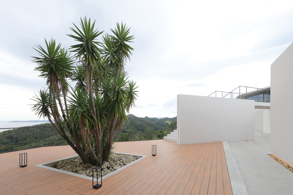 シンボルツリーとウッドデッキを配した富津のヴィラの中庭