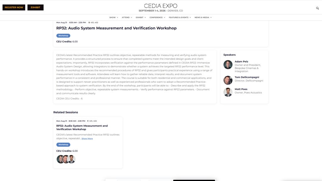 CEDIA Expo 2026で開催されたRP32 Audio System Measurement and Verification Workshopの公式案内ページ