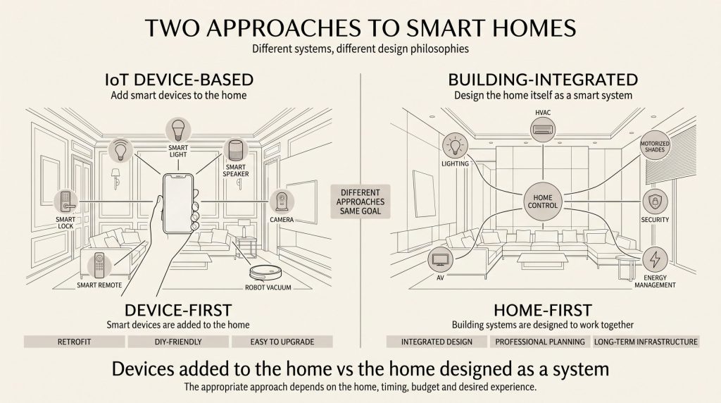 IoTガジェット型と建築統合型スマートホームの違いを示した比較図