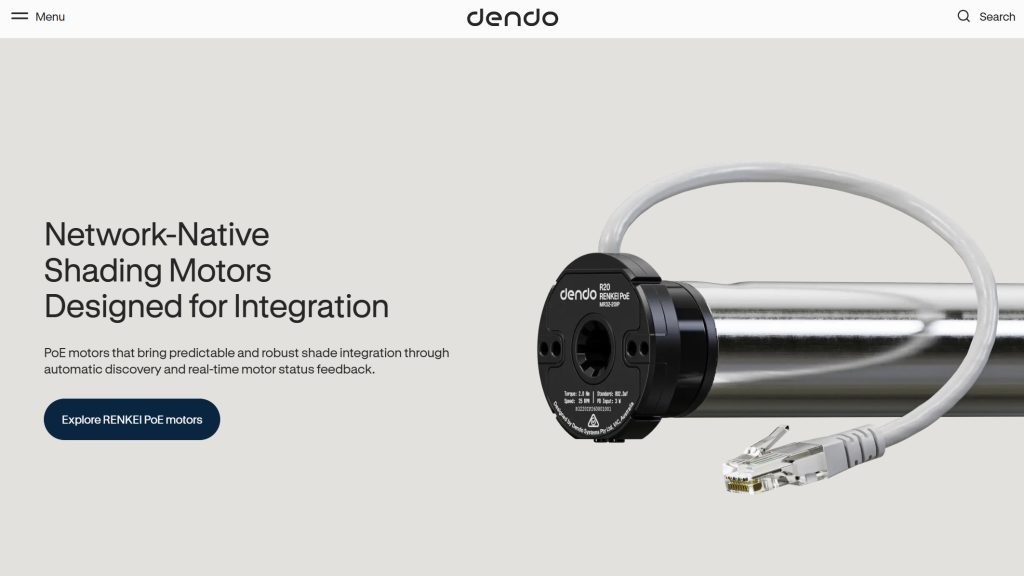 Ethernetケーブルで電源と通信を行うDendo SystemsのRENKEI PoE電動シェードモーター