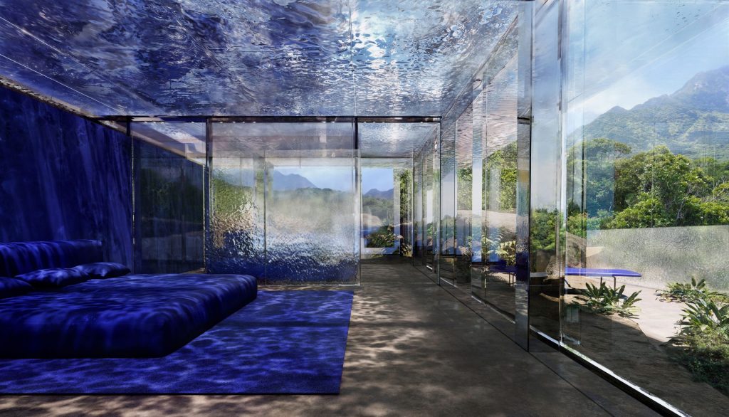 ガラスと反射が特徴的なNOT A HOTEL YAKUSHIMAの室内