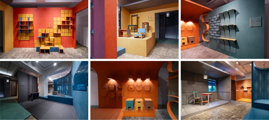 DESIGNART TOKYO 2025の「Cooked Matter / Crafted Space」で展示されたカラーMDFの家具・壁面・什器など6点の記録写真