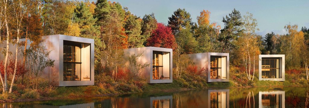 水辺に並ぶ複数のNOT A HOUSE「POD」