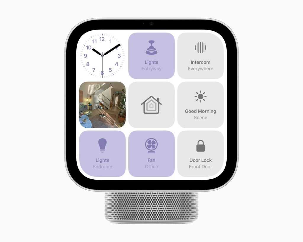 Apple HomeViewのホーム操作画面。照明、インターコム、ドアロック、換気扇、シーン制御を一覧表示