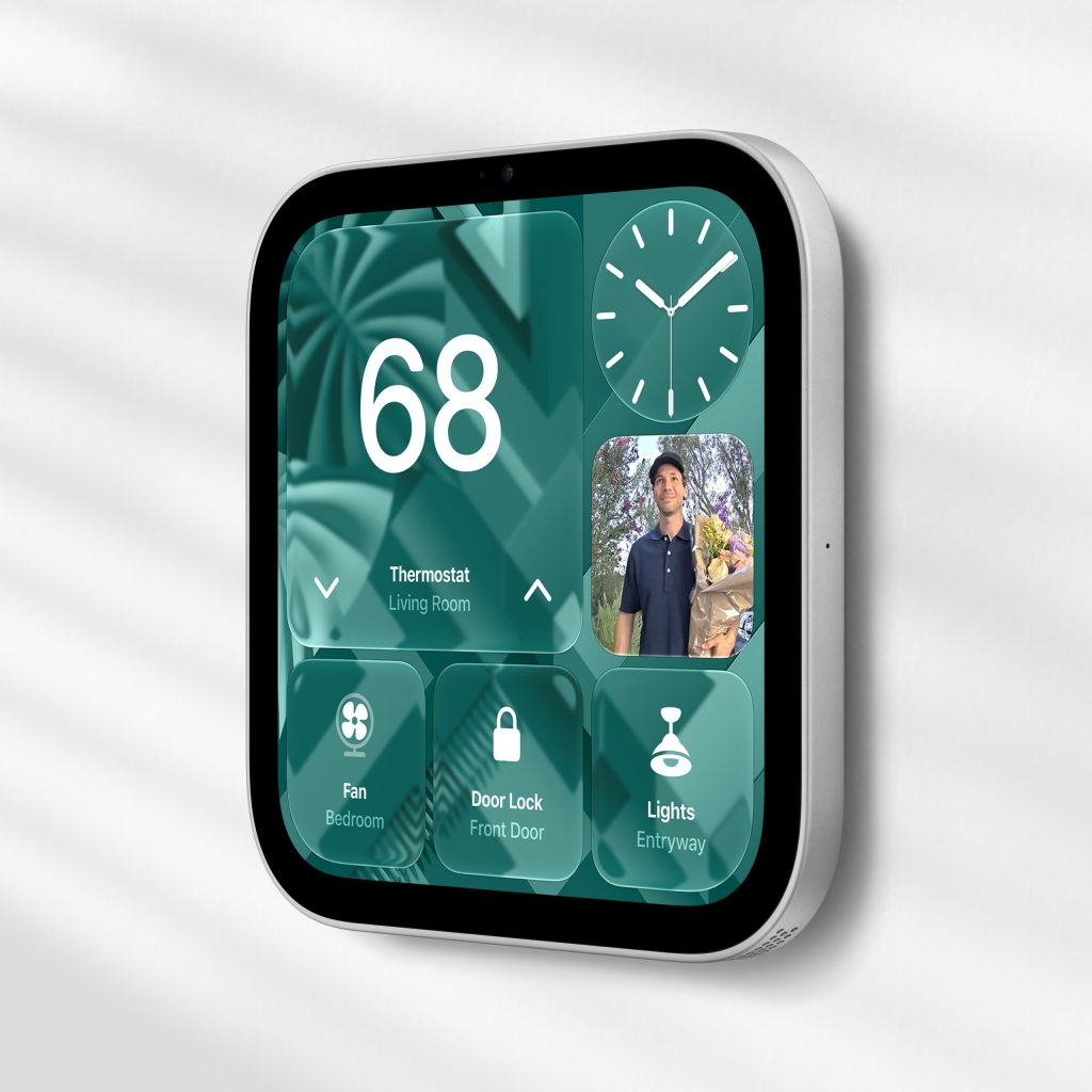 壁面に設置されたApple HomeViewの壁掛けモデル。温度設定や照明、玄関ドアロックの操作画面