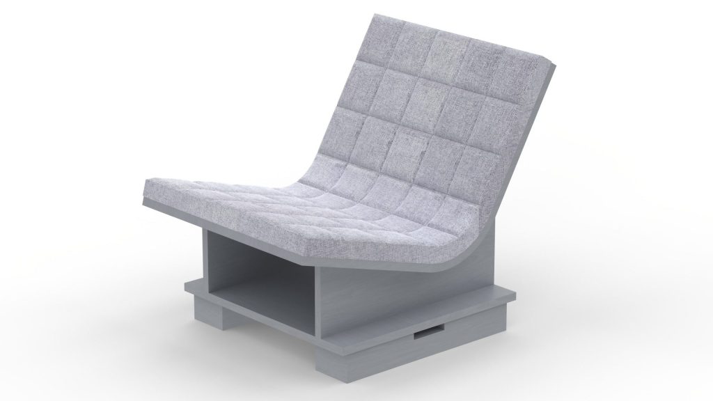 カリモク家具とOJASの「Chair 001」。ピューターグレーの低座面チェア