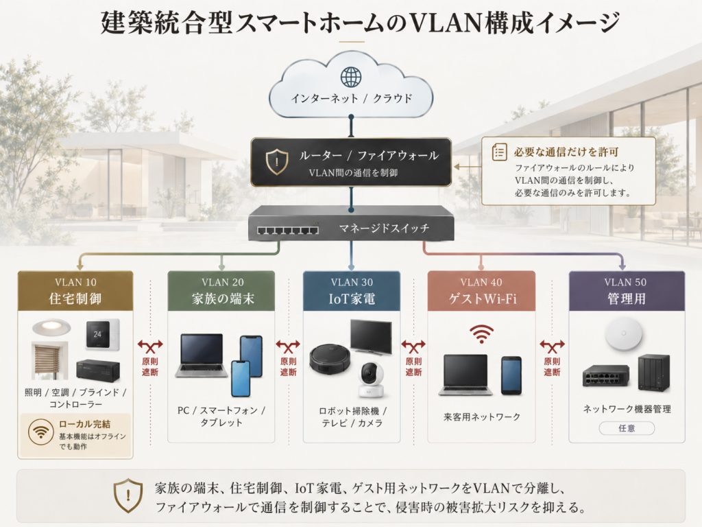 建築統合型スマートホームのVLAN構成図。住宅制御、家族の端末、IoT家電、ゲストWi-Fi、管理用ネットワークを分離