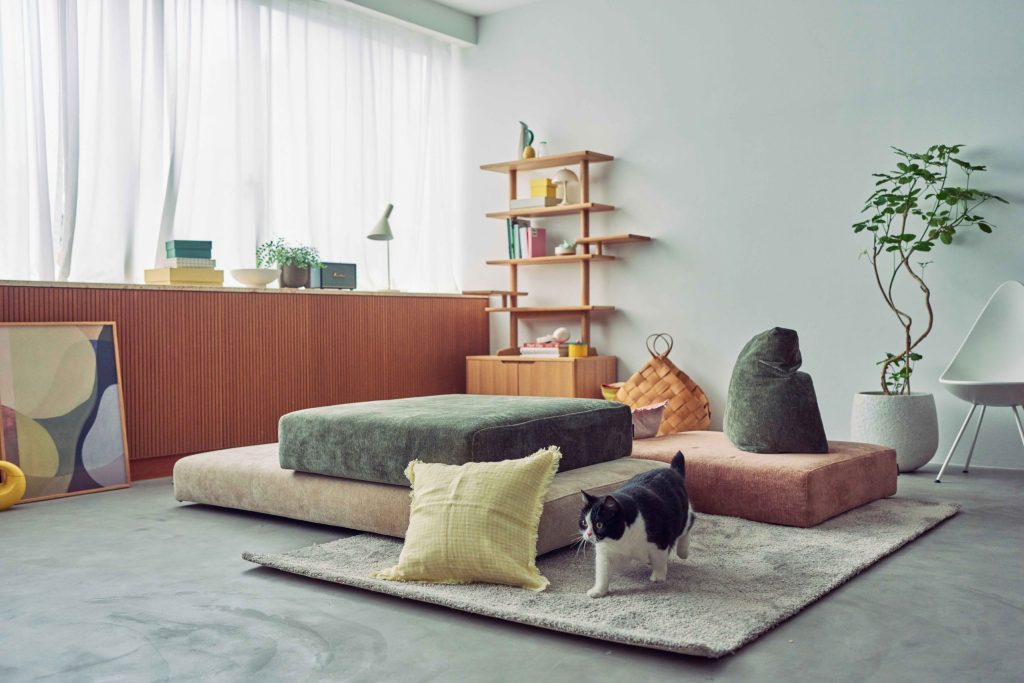 アクタス「nepheeco」が提案する猫と暮らすリビング。ローソファとキャットウォーク付きシェルフを配置したインテリア
