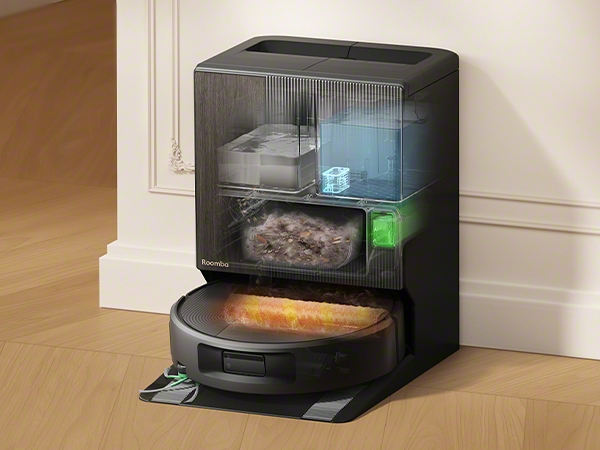 Roomba MonsterのAutoWash充電ステーション内部を透視し、ゴミ収集やモップ洗浄機構を示したイメージ