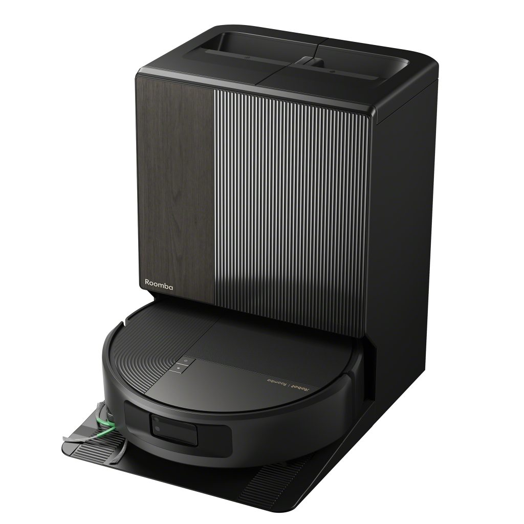 Roomba Monsterのロボット掃除機本体とブラックのAutoWash充電ステーションの製品全景
