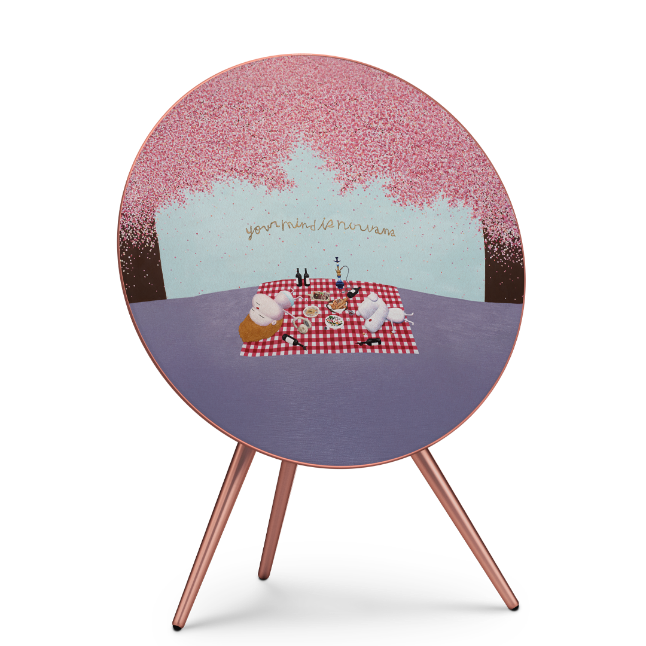 Bang & Olufsen Beosound A9 Wookukwon Edition limited speaker with pink cherry blossom Nirvana artwork and three brown legs