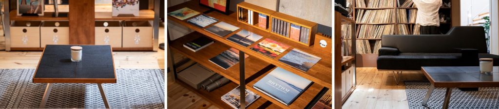 KANADEMONOのローテーブル、シェルフ、ソファを配したTribeのスタジオ