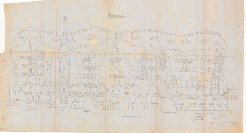 Antoni Gaudi original 1906 facade drawing for Casa Mila La Pedrera