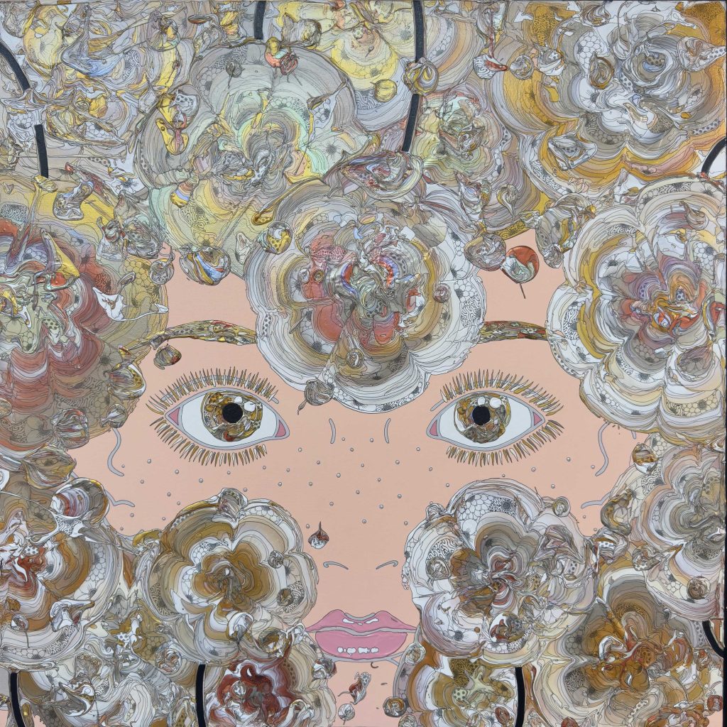 現代美術家・奥田雄太の作品「Watching You 241216」｜花と人物の顔を描いた絵画