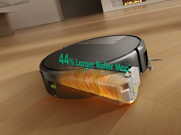 Roomba Monsterの大型ローラーモップが床面を加圧しながら水拭きする様子を示したイメージ