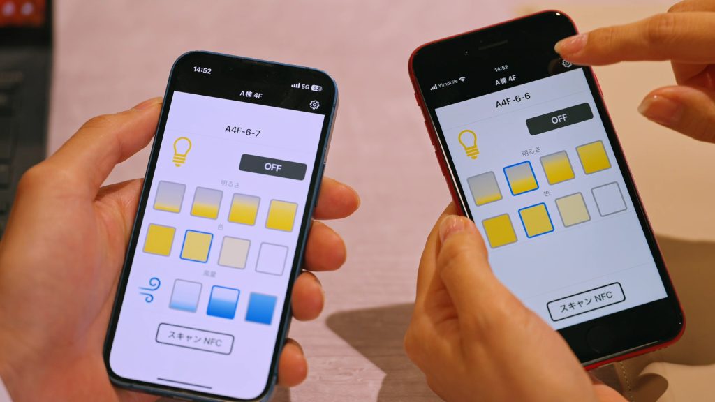 Two smartphone screens displaying personalized desk lighting and airflow control interfaces