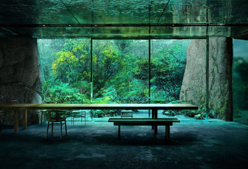 雨の森を望むNOT A HOTEL YAKUSHIMAの室内