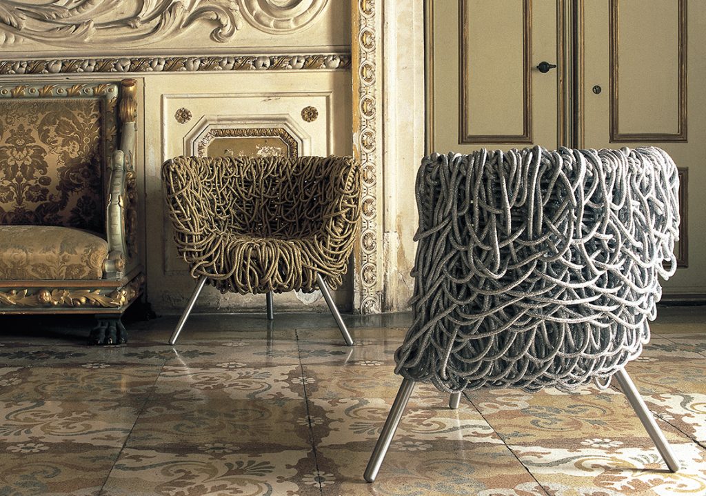 Edra Vermelha armchairs by Fernando and Humberto Campana featuring intricate handwoven rope