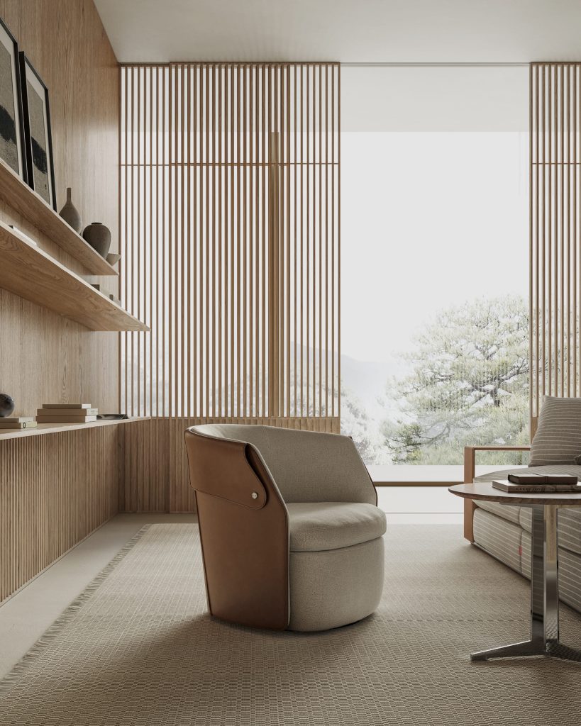 Flexform Ozzy chair with leather backrest in a Japanese-inspired modern interior