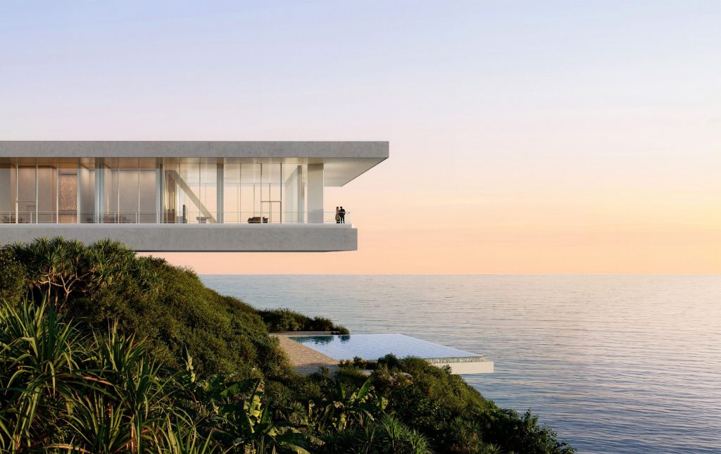 ヘルツォーク&ド・ムーロンが設計する沖縄のNOT A HOTEL、海へ張り出すヴィラの建築CG