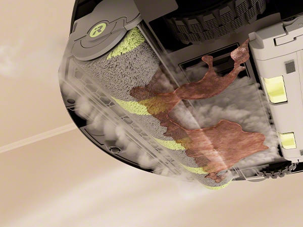 Roomba Monsterが温水ミストを噴射し、床面の汚れをローラーモップで拭き取る機能イメージ