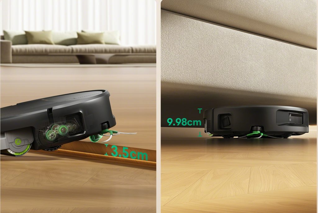 Roomba Monsterが最大3.5cmの段差を乗り越える様子と、高さ9.98cmの本体が家具下に入る様子を示した比較画像
