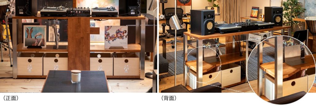 Tribe × KANADEMONO DJ台の正面と背面、レコード収納と配線設計