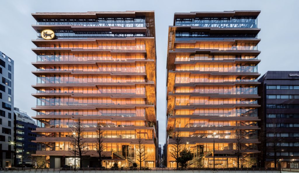Exterior of a contemporary Tokyo office building designed by Nikken Sekkei and Kajima Design