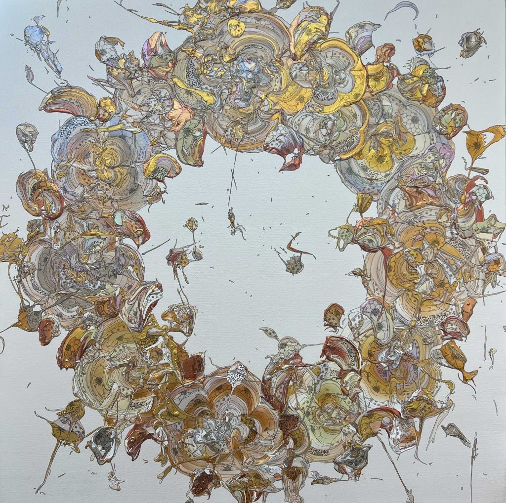 奥田雄太「Abstract Wreath 251103」｜パールホワイトとゴールドの花のリースを描いた作品